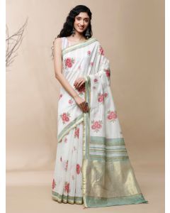 White Pink Hand Block Printed Chanderi Silk Saree