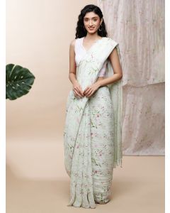 White Printed Linen Saree