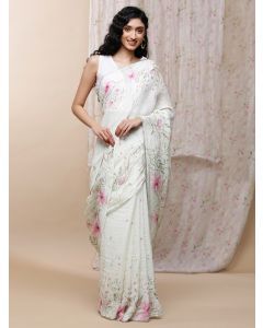 White Pink Printed Linen Saree