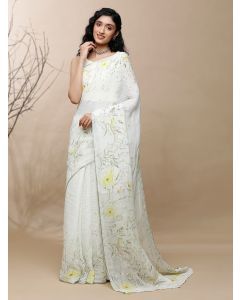 White Yellow Printed Linen Saree