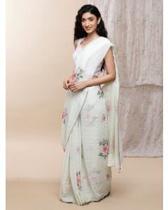 White Printed Linen Saree