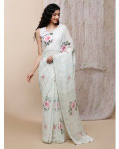 White Printed Linen Saree