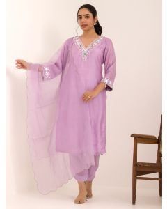 Purple Embroidered Bemberg Muslin Suit- Set of 3