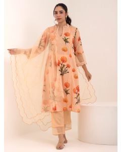 Peach Printed Cotton Suit- Set of 3