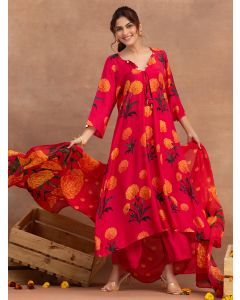 Pink Printed Bemberg Muslin Suit- Set of 3