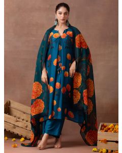 Teal Blue Printed Bemberg Muslin Suit- Set of 3