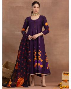 Purple Printed Cotton Kurta with Dupatta- Set of 2