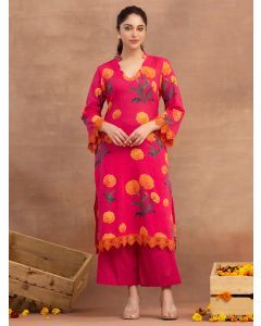 Pink Printed Cotton Kurta with Pants- Set of 2