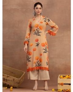 Beige Printed Cotton Kurta with Pants- Set of 2