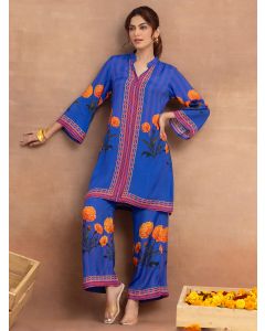 Blue Printed Cotton Kurta with Palazzo- Set of 2