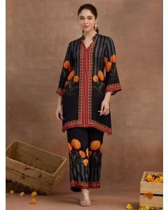 Black Printed Cotton Kurta with Palazzo- Set of 2