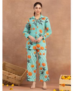 Blue Printed Cotton Co-ord Set- Set of 2
