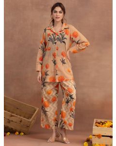 Beige Printed Cotton Co-ord Set- Set of 2