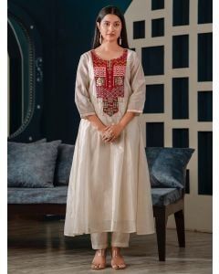 Off White Patchwork Chanderi Kurta with Pants- Set of 2