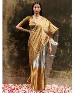 Golden Silver Zari Cotton Tissue Saree