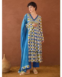 Blue Green Hand Block Printed Cotton Mulmul Suit- Set of 3