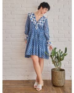 Blue Grey Hand Block Printed Cotton Mulmul Dress