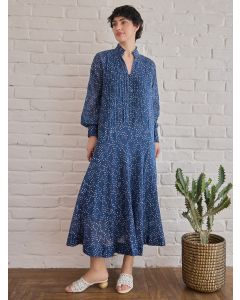 Blue Hand Block Printed Cotton Mulmul Dress with Slip