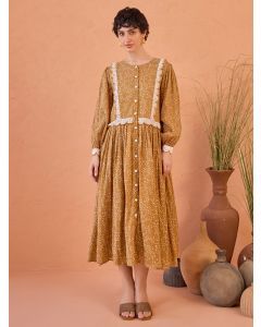 Mustard Yellow Hand Block Printed Cotton Mulmul Dress with Slip