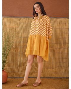 Orange Hand Block Printed Cotton Mulmul Dress with Slip