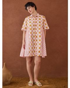 Pink White Hand Block Printed Cotton Mulmul Dress with Slip