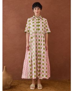 Pink White Hand Block Printed Cotton Mulmul Dress with Slip