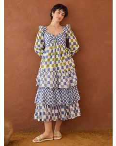 Blue Green Hand Block Printed Cotton Mulmul Dress