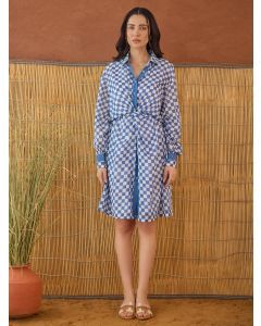 Blue Hand Block Printed Cotton Mulmul Dress with Slip