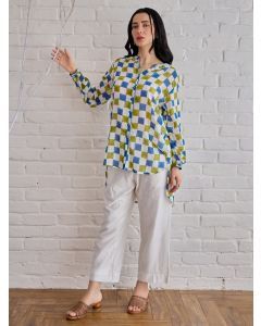 Blue Green Hand Block Printed Cotton Mulmul Shirt