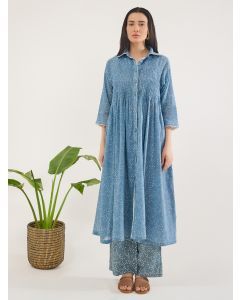 Blue Hand Block Printed Cotton Mulmul Tunic with Slip and Pants- Set of 2