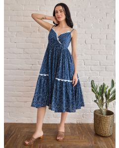 Blue Hand Block Printed Cotton Mulmul Dress