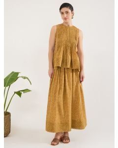 Mustard Yellow Hand Block Printed Cotton Mulmul Co-ord Set- Set of 2