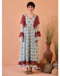 Mint Green Maroon Hand Block Printed Chiffon Dress
