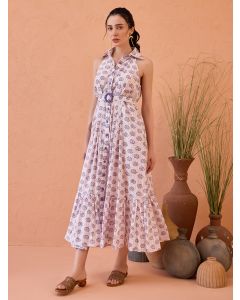 Lavender Hand Block Printed Chanderi Silk Dress with Belt
