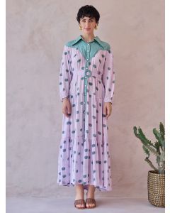 Lilac Hand Block Printed Chanderi Silk Dress with Belt
