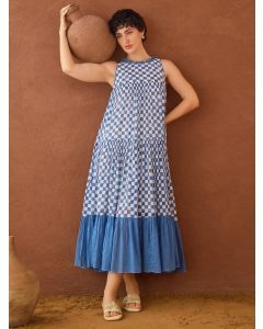 Blue White Hand Block Printed Cotton Mulmul Dress