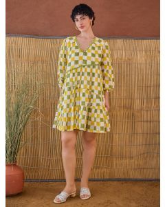 Yellow Green Hand Block Printed Cotton Mulmul Dress