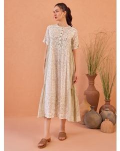 White Hand Block Printed Cotton Mulmul Dress