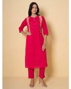 Red Embroidered Cotton Kurta with Pants - Set of 2