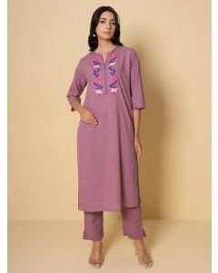 Muave Embroidered Cotton Kurta with Pants - Set of 2
