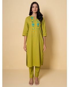 Olive Green Embroidered Cotton Kurta with Pants - Set of 2