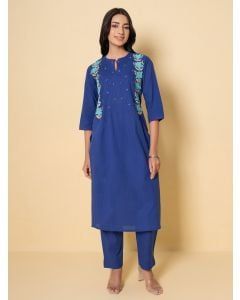 Blue Embroidered Cotton Kurta with Pants - Set of 2