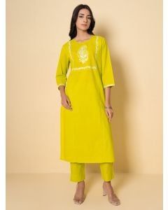 Yellow Embroidered Cotton Kurta with Pants - Set of 2