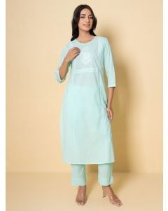 Light Blue Embroidered Cotton Kurta with Pants - Set of 2