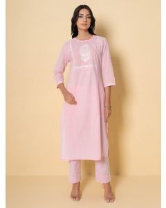 Pink Embroidered Cotton Kurta with Pants - Set of 2