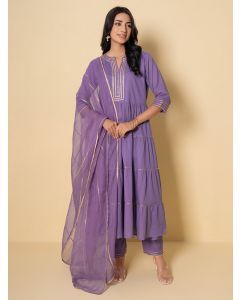 Purple Gota Work Cotton Suit - Set of 3