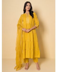 Mustard Yellow Gota Work Cotton Suit - Set of 3