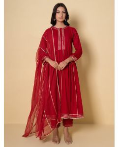 Red Gota Work Cotton Suit - Set of 3