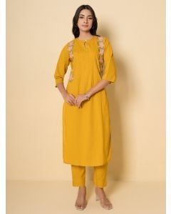 Mustard Yellow Embroidered Cotton Kurta with Pants - Set of 2
