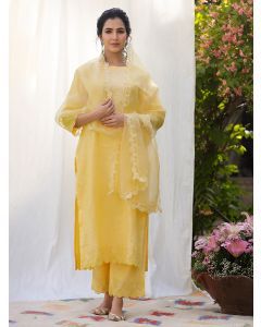 Yellow Embroidered Linen Suit - Set of 3